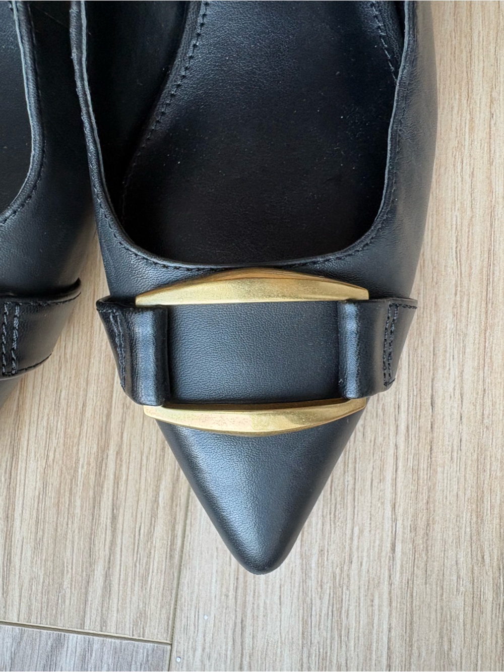 Black Pointed Slingback Flats with Gold Buckle - Picture 3 of 5